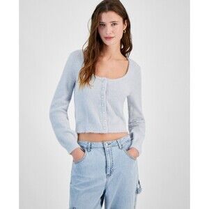 Planet Heart Juniors' Rhinestone-Button Fuzzy Eyelash Cardigan Sweater, Blue, XS